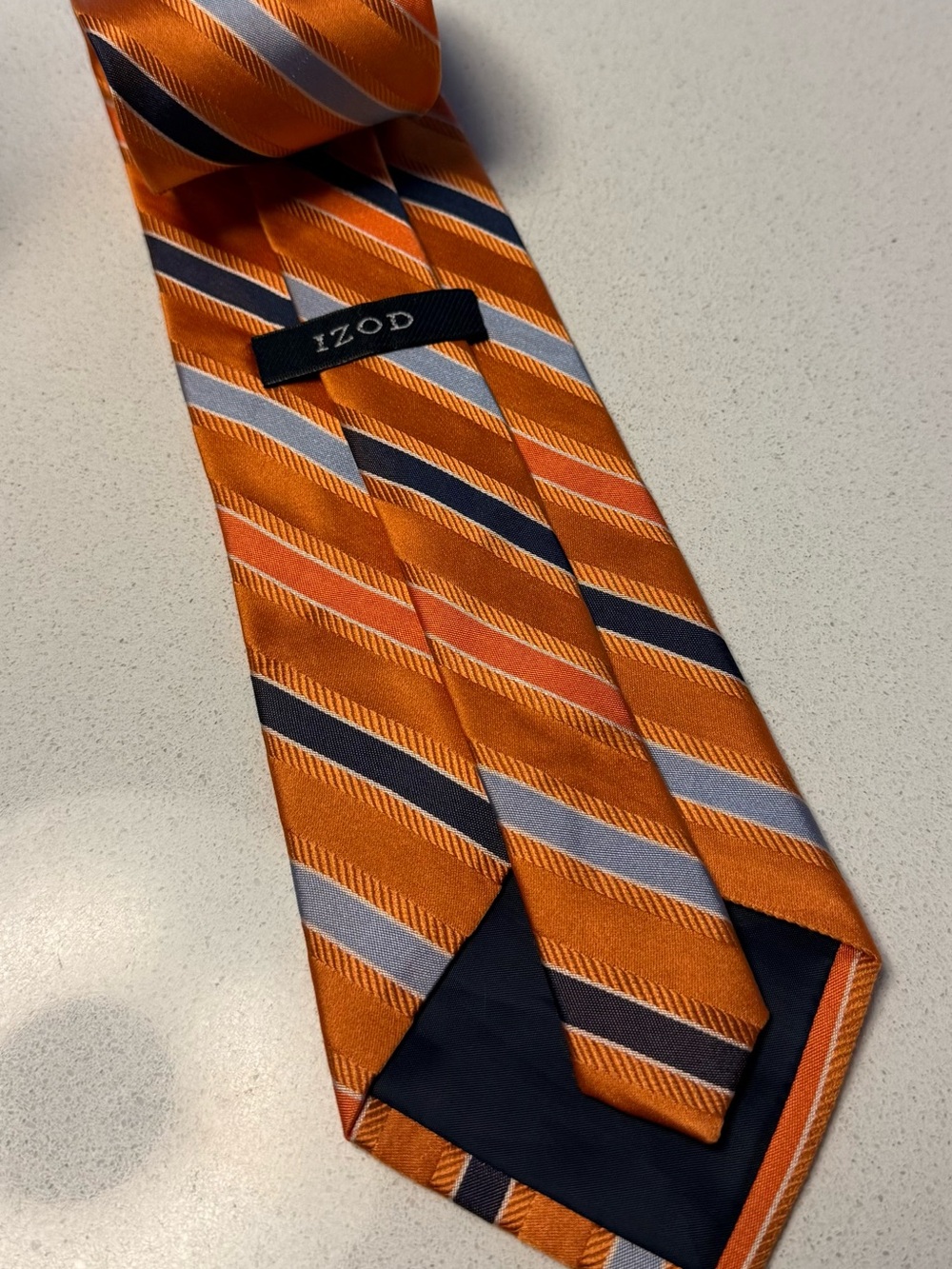 IZOD Men’s 100% Silk Tie Orange Navy Blue Gray Striped 58” x 4” Classic